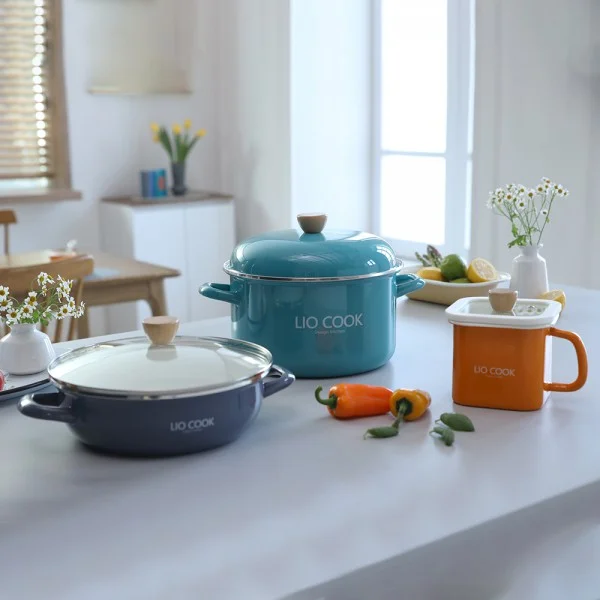 7-Piece Enamel Cookware Set (Stock Pot + Shallow Pot + Square Pot + Frying Rack)